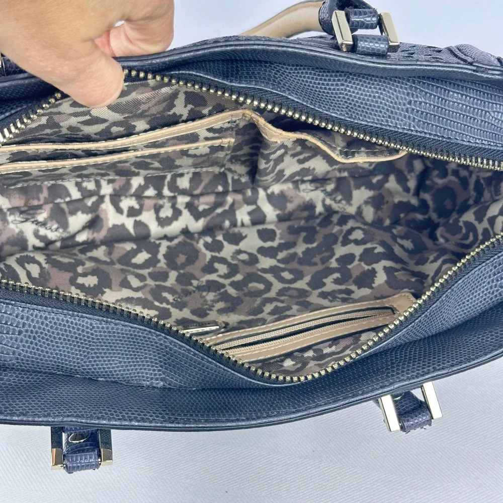 Guess Charcoal Blue Monogram Satchel Laser Cut Purse Leopard Lining Hand Bag